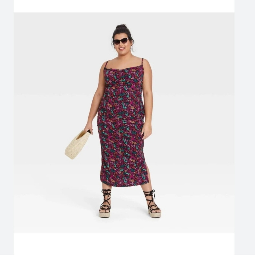 Ava & Viv Woman's Plus Sleeveless Ruched Black Floral Dress